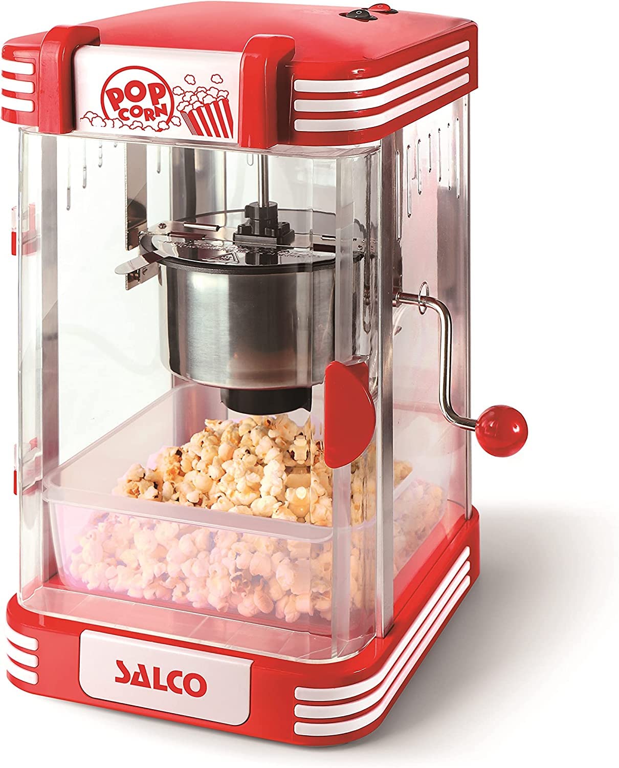 SALCO Retro-Popcornmaker SNP-24 Popcorn wie im Kino, Kessel mit Antihaft-Beschichtung, Eingebautes Rührsystem, Inkl. Popcornschale, 300 W