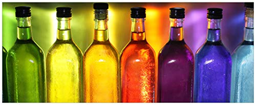 Wallario Glasbild Bunte Flaschen im Regal - 32 x 80 cm in Premium-Qualität: Brillante Farben, freischwebende Optik