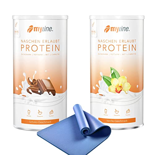 Myline Doppelpack Protein Eiweißshake + Gymnastikmatte, Yogamatte Gepolstert & rutschfest für Fitness Pilates (Schoko-Vanille)