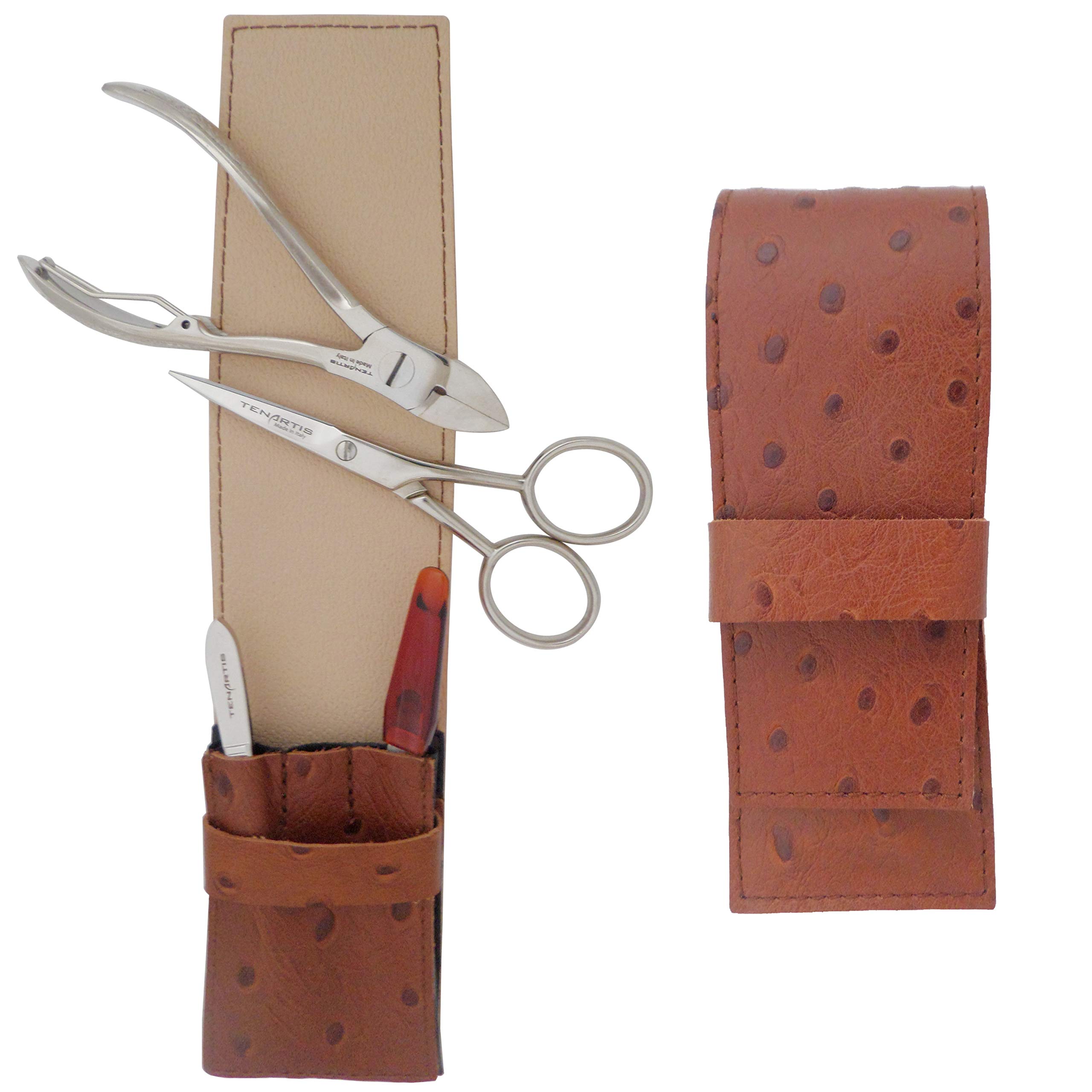 4 teiliges Maniküre und Pediküre Etui aus echtem Leder für Männer mit Bartschere, Braun - Tenartis 381 Made in Italy