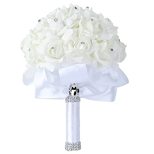 Hochzeits-Brautstrauß mit Blumen, Kristall-Diamant-Schaumstoff-Rosen, hält Blumen mit schönem Band, Brautjungfer, Hochzeitsstrauß, künstliche Seidenblumen, Handhaltung (weiß)
