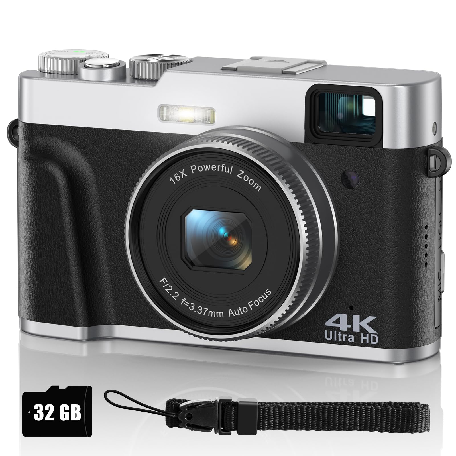 Digitalkamera 4K 48MP Fotoapparat Autofokus mit 32G SD-Karte, Kompaktkamera Fotokamera mit Optischer Sucher 16X Zoom 2 Akkus Einfach zu Bedienen Geeignet für Anfänger, Erwachsene, Jugendliche(Schwarz)