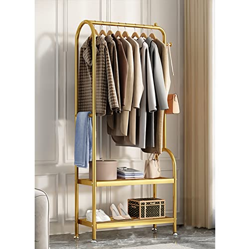 Einzelne aufgeräumte Schienen Stabiler Kleiderständer Multifunktionaler Freistehender Kleiderbügel zum Aufhängen Mit oberer Stange und 2-stöckigen unteren Ablageflächen für Schlafzimmer ( Color : Gold