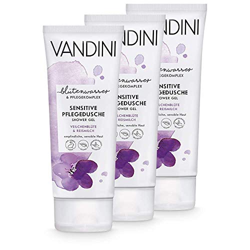VANDINI Sensitive Pflege Duschgel Damen mit Veilchenblüte & Reismilch - Pflegedusche für empfindliche & sensible Haut - veganes Shower Gel für Frauen ohne Silikone Parabene & Mineralöl (3x 200 ml)