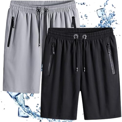 Puliam-Shorts,ICY Herren-Shorts aus Eisseiden-Stretch,lässige sportliche Shorts mit Reißverschlusstaschen,schnell trocknende Shorts aus Eisseiden-Stretch in Übergröße (2PCS-B,2XL)