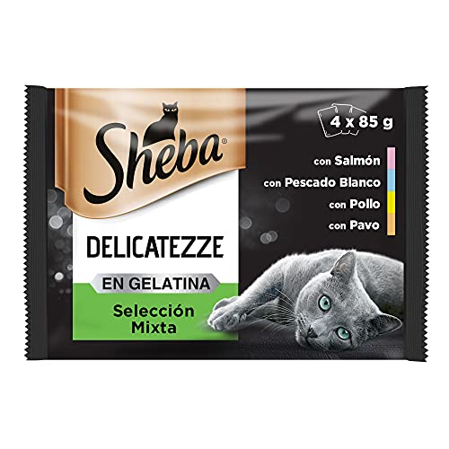 Sheba Delicatezze Nassfutter für Katzen, gemischte Auswahl in Gelatine, Fisch, Multipack (13 Boxen x 4 Beutel x 85 g)