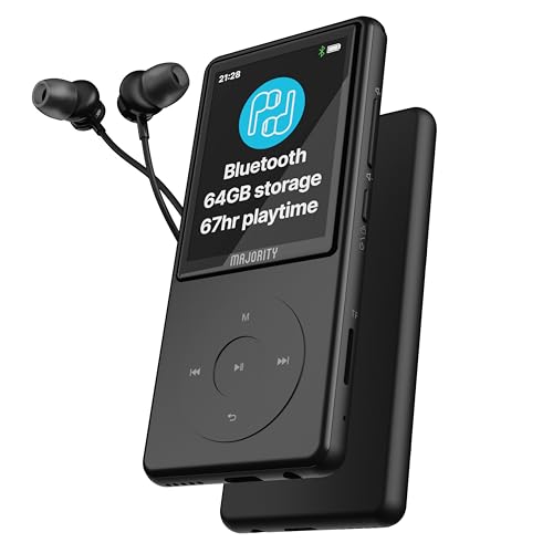 Superschlank Bluetooth MP3 Player mit Kopfhörer | 64 GB interner Speicher, erweiterbar um 128 GB | MP3-Player mit Lautsprecher für Kinder | 2.4" Farbdisplay & 67h Akkulaufzeit | MAJORITY MP3 Pro
