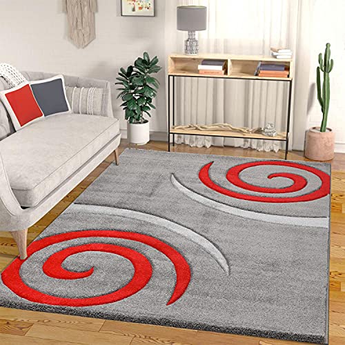 VIMODA Teppich Modern Wohnzimmer Teppiche in Grau Rot Kreisel Muster Hoch Tief Konturen, Pflegeleicht und Schadstoff geprüft, Maße:160x230 cm