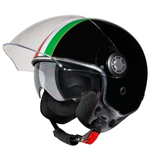 VINZ Varese Jethelm mit Doppelvisier | Roller Helm Fashionhelm mit Italienische Flagge | In Gr. XS-XXL | Jet Helm mit Sonnenblende | ECE 22.06 Zertifiziert | Motorradhelm mit Visier - Schwarz