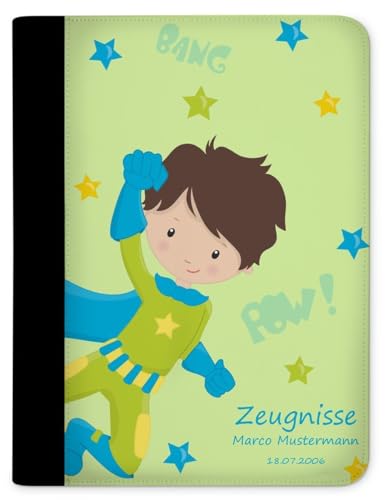 CreaDesign, Z-M-1081-04 Kinder Zeugnismappe mit Namen personalisiert, Motiv Superheld Grün, A4, 24 x 31 x 1 cm, mit 10 Klarsichthüllen, Rücken schwarz