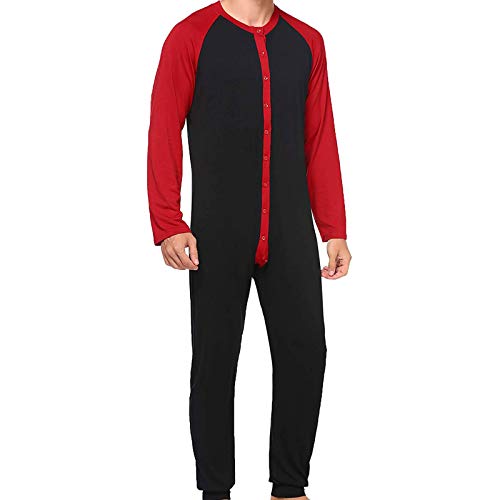 N /C Herren Einteiler Pyjama Langarm Button Down Open Front Jumpsuit Nachtwäsche Color Block Bodysuit Pjs Outfits (Schwarz, S)