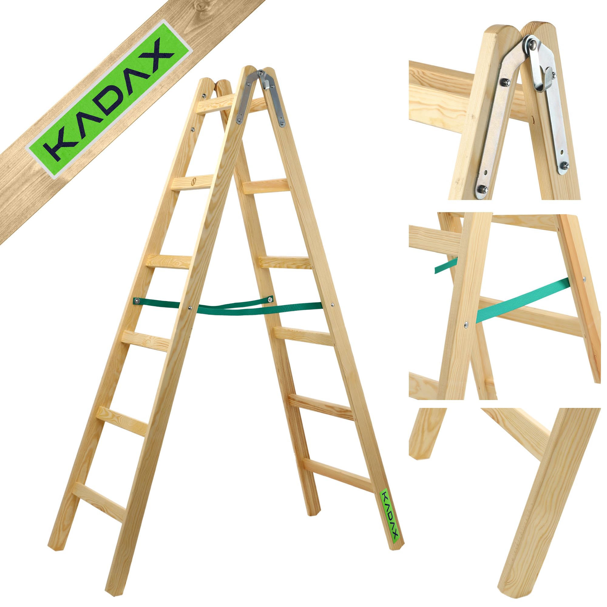 KADAX Holzleiter, Bockleiter bis 150 kg, klappbare Malerleiter, Doppelstufenleiter mit Stahlhaken, Elektrikerleiter, Stehleiter, Haushaltsleiter (6 Stufen)