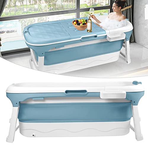 HENGMEI Faltbare Badewanne Erwachsene XL Mobile Tragbare Badewanne Mit Abdeckung Massagerollen und Badewannenablage, Blau (128 x 62 x 52 cm)