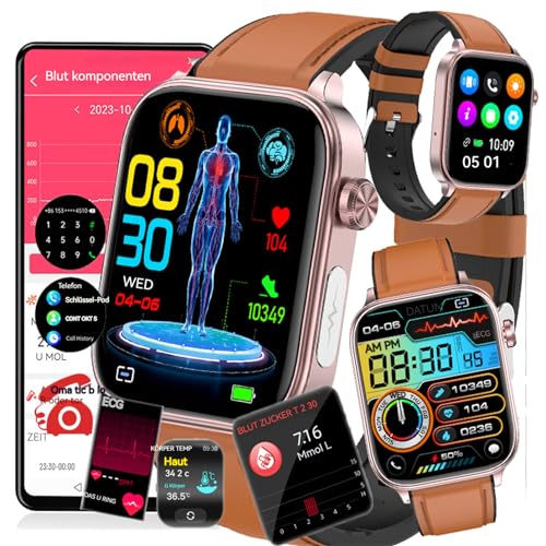 Fohatu 𝐄𝐂𝐆 Smartwatch 𝐛𝐥𝐮𝐭𝐳𝐮𝐜𝐤𝐞𝐫𝐛𝐥𝐮𝐭𝐳𝐮𝐜𝐤𝐞𝐫𝐦𝐞𝐬𝐬𝐮𝐧𝐠𝐃𝐢𝐚𝐛𝐞𝐭𝐞𝐬,Smartwatch Mit Bluetooth-Anrufe Blutfette Harnsäure Monitor,Sportuhr, Braun