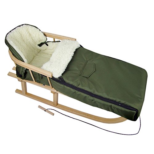 Kombi-Angebot Holz-Schlitten mit Rückenlehne & Zugseil + universaler Winterfußsack (108cm), auch geeignet für Babyschale, Kinderwagen, Buggy, Lammwolle Uni (olive + Schlitten)