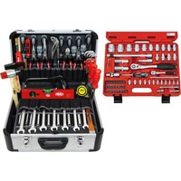 FAMEX 420-18 Alu Werkzeugkoffer gefüllt mit Top Werkzeug Set und Steckschlüsselsatz | Werkzeugkasten in Top Qualität | für den gewerblichen Einsatz