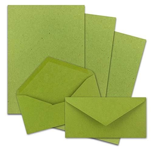 75x Briefpapier Set DIN A4 mit DIN Lang Briefumschlägen, Nassklebung - Kraftpapier-Hellgrün - Recycling-Schreibpapier mit Kuverts - FarbenFroh by GUSTAV NEUSER