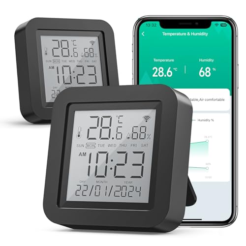 GHome Smart WiFi Thermometer Hygrometer, Smart Infrarot-Fernbedienung Universelle, kompatibel mit Alexa und Google Assistant, mit Digitaler Temperatur Feuchtigkeit Sensor mit großer Bildschirm(2 Pack)
