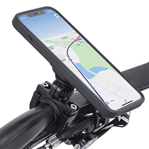Wicked Chili QuickMOUNT Fahrrad Halterung kompatibel mit iPhone 12 Pro Max (6,7 Zoll) - Fahrrad Motorrad Lenker Adapter + Outdoor Case + Sicherungsband (360° - für 22-32 mm Lenker) schwarz