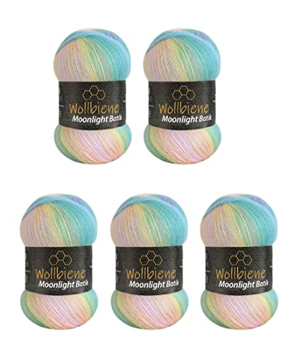 Wollbiene Moonlight Batik 5 x 100g Strickwolle 500 Gramm Wolle zum Stricken und Häkeln 20% Wolle türkische Wolle Farbverlaufswolle Strickwolle (2900 grün rosa gelb pastell)