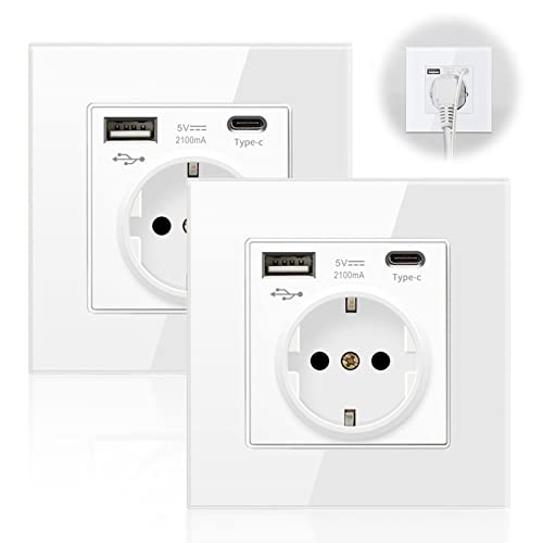 2er-Pack 16Amp Schuko Steckdose mit USB, Einzelsteckdose mit USB, Schutzkontakt Wandsteckdose Einfach mit Glasrahmen, USB Steckdose Unterputz in Weiß, Typ C Port Max.3.1A