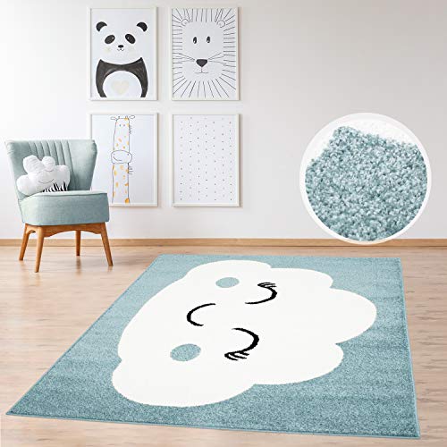 MyShop24h Kinderteppich Teppich Flachflor 160x225cm Pastell Blau Spielzimmerteppich mit fröhlicher Wolke für das Kinderzimmer (Mädchen & Jungen)