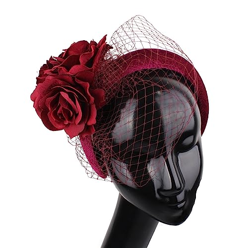 Vintage elegante Fascinators Stirnband Tea Party Hüte for Frauen königliche Hochzeit Schleier Blume Fascinators Haarschmuck Hochzeiten Haarband Mode-Stirnbänder (Color : Wine red)