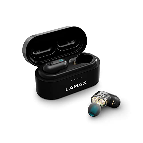 Lamax Duals1 Bluetooth Kopfhörer 5.0 USB-C, In Ear Kopfhörer mit Dual-Treiber, Bis zu 28 Stunden Hördauer, Aluminiumgehäuse mit Batterieanzeige, 3 Stöpselgrößen, Passive Geräuschunterdrückung
