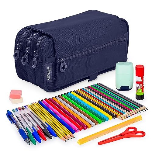 ColePack - Dreifach Federmäppchen mit 3 Reißverschlüssen und Schulmaterial der ersten Marken im Lieferumfang enthalten, marineblau, Schultaschen