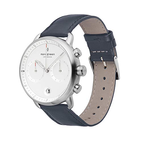 Nordgreen Skandinavische Design Herren Uhr Analog Quarz Silber | Weißes Ziffernblatt | Navyblaues, auswechselbares Leder Armband | Modell: Pioneer