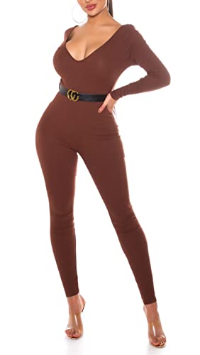 Koucla Damen Overall Jumpsuit Playsuit V-Ausschnitt mit Gürtel (Braun, XL)