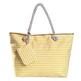 Große Strandtasche mit Reißverschluss 58 x 38 x 18 cm gestreift gelb weiß Shopper Schultertasche