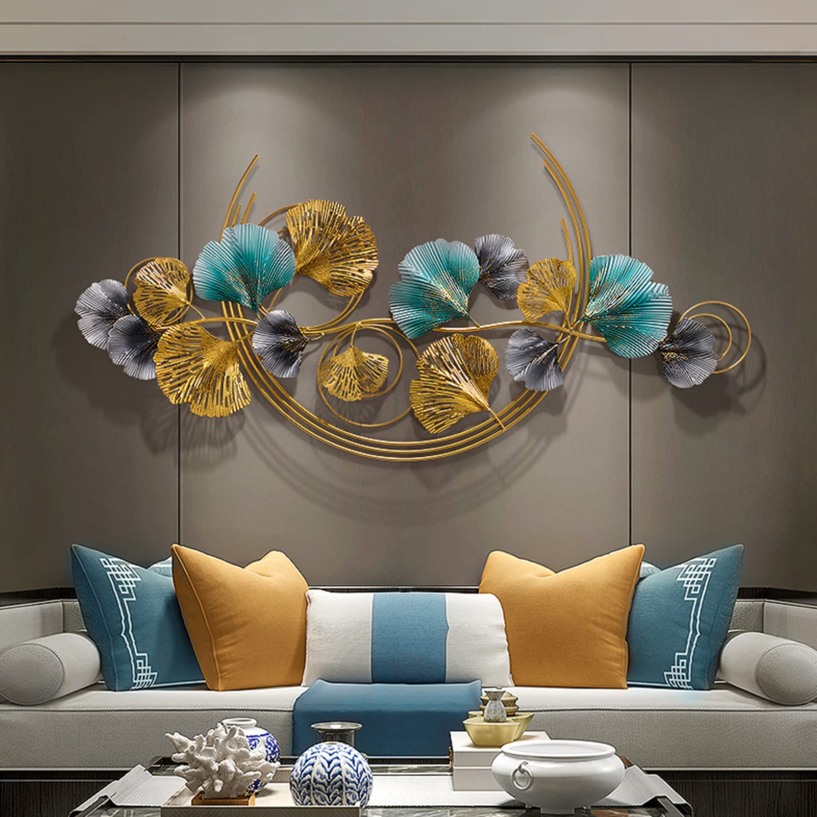 STZYY Luxus Modern Wanddekoration Wohnzimmer, Handgemachte 3D Wandbild''Ginkgo Leaf'' aus Metall, Large Hängende Wandschmuck für Schlafzimmer, Esszimmer, Wandverzierung, Deko-Objekt(Size:120X60CM)