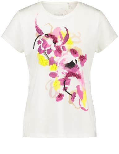 Taifun Damen T-Shirt mit verziertem Frontprint Kurzarm floral, Frontprint Offwhite Gemustert 44