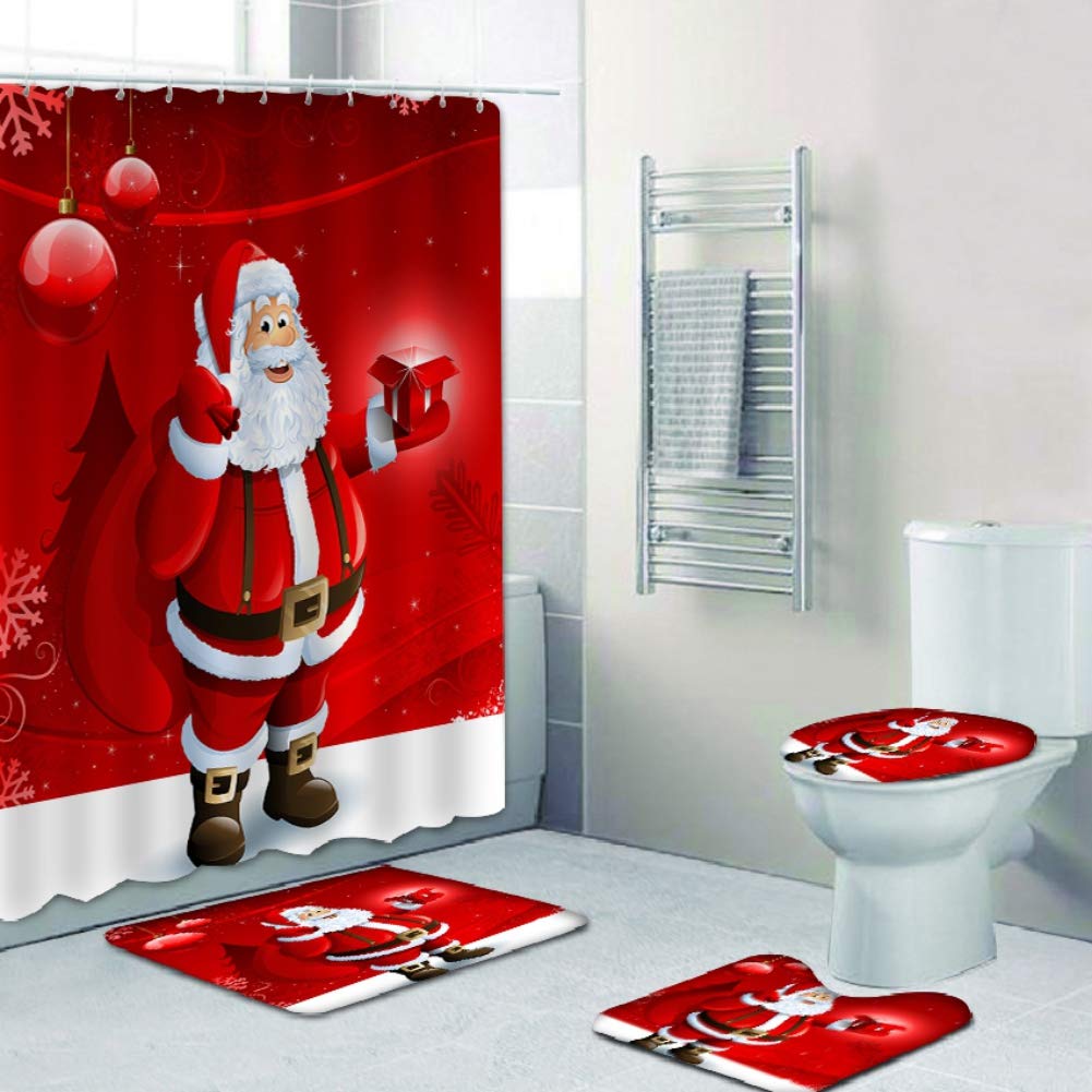 ChYoung 4 STÜCKE Weihnachten Bad Sets Schneemann Weihnachtsmann Duschvorhang / Badematten Teppiche / U-förmigen Podest Matte / Toilettensitzbezug (A9)