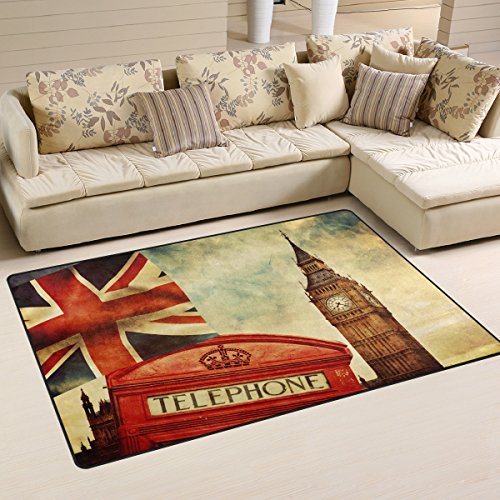 Use7 Teppich im Vintage-Stil mit London-Union-Jack-Design, Big Ben, rutschfeste Fußmatte für Wohnzimmer, Schlafzimmer, 100 x 150 cm