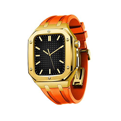vkeid für Band 45mm 44mm Männer Frauen Militär Metallgehäuse mit Silikonband stoßfeste Stoßstange Uhrenarmbänder (Farbe: Gold Orange, Größe: 45MM für 7)