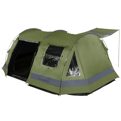 Skandika Kambo Tunnelzelt für 4 Personen | Zelt mit Schlafkabine für 4 Mann, Wasserdicht mit 3000 Wassersäule, 3 Eingänge, Sonnendach, Vorzelt | Campingzelt in grün