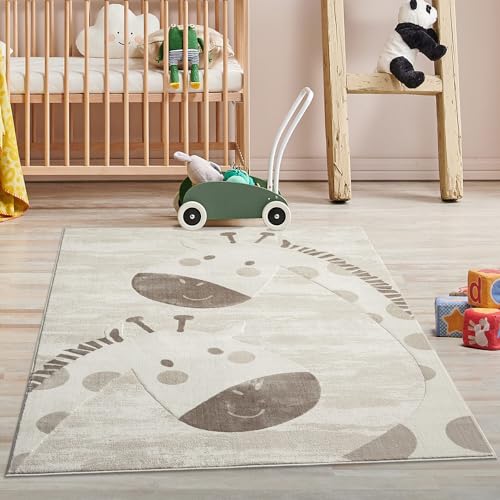 carpet city Kinderteppich Creme, Beige - 160x230 cm - Tier-Muster Giraffen - Kurzflor Teppiche Kinderzimmer, Spielzimmer