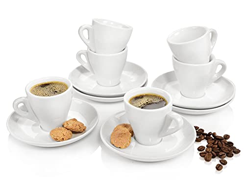 SÄNGER | Espressotassen Set New Port mit Untertassen, 12-teiliges Espressotassen Set aus Porzellan, Klassisches Design in Weiß | 80 ml
