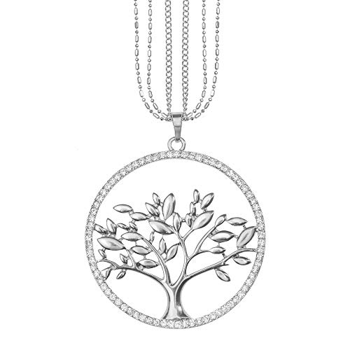Mianova Damen Lange Halskette Kette Lebensbaum Anhänger mit Swarovski Elements Strass Kristall Steinen Lang Silber Groß