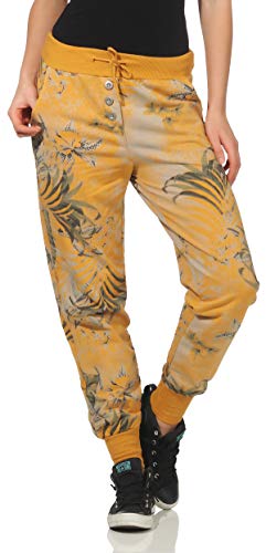 Malito Damen Jogginghose mit Jungle Print | Sporthose mit Muster | Baggy zum Tanzen | Sweatpants - Trainingshose 83728 (dunkelgelb)