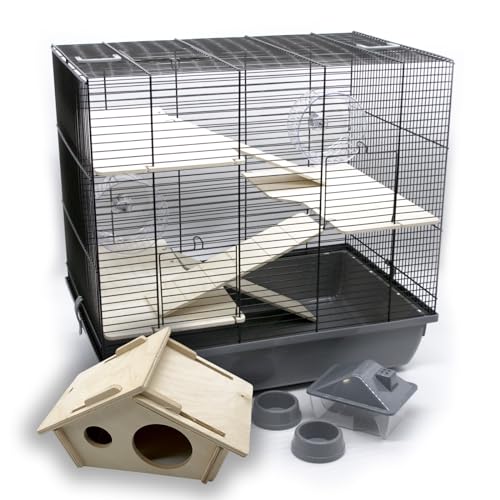 ZooPaul Premium Nagerkäfig Hamsterkäfig XXL inkl. Zubehör aus Holz grau/schwarz 60x36x54cm Maus Kleintiere