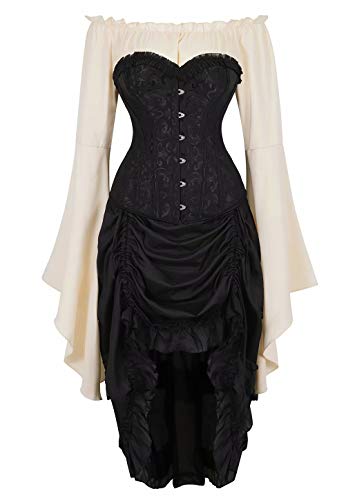 Josamogre Korsett Corsagenkleid Corsage Kleid elegant Stahlknochen asymmetrischer Spitzenrock und Bluse für Karneval 3-teiliges Set Khaki Black l