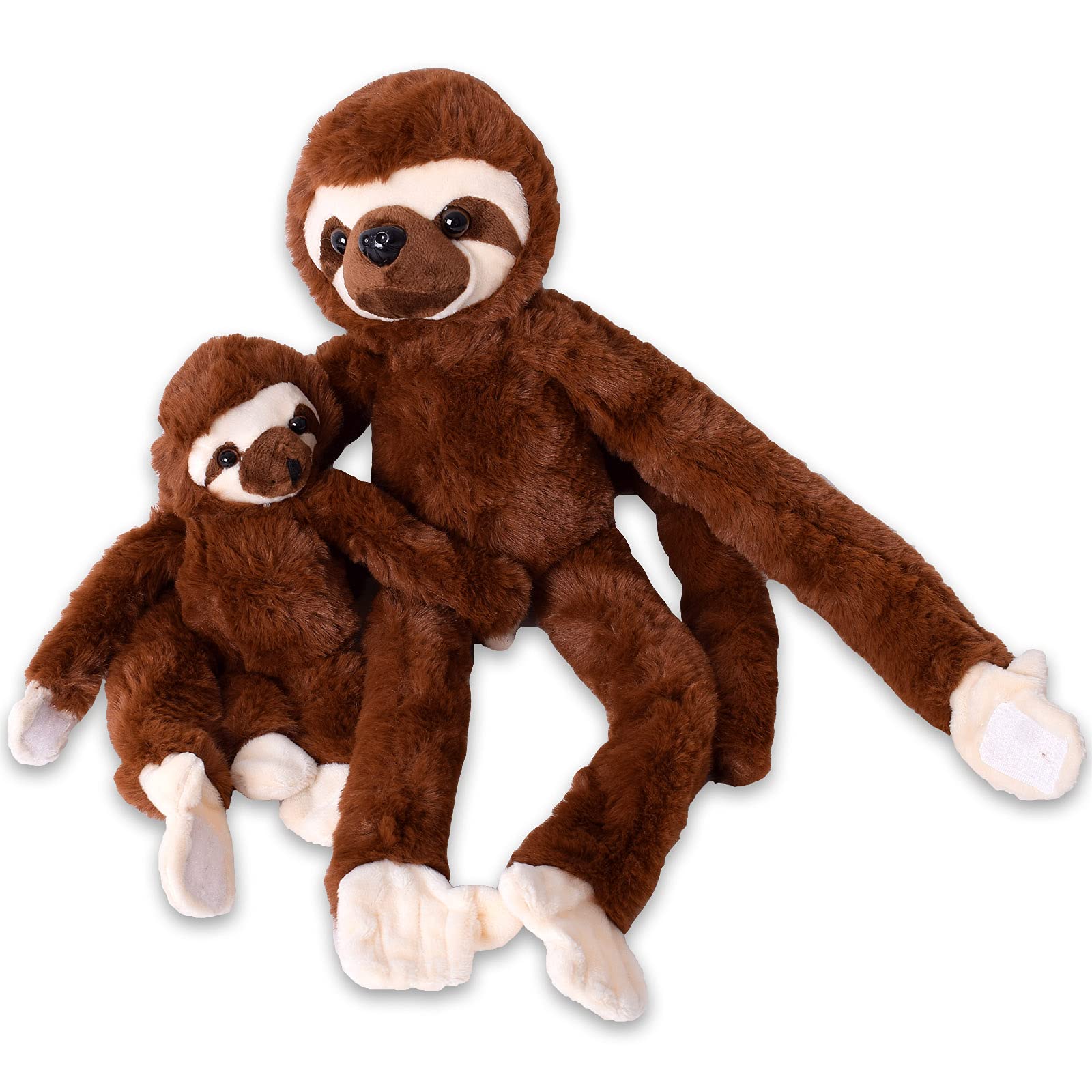 TE-Trend Faultier Kuscheltier Faultier mit Baby Jungtier Stofftier Sloth Plüschtier sitzend oder hängend mit Klettverschluss 43cm Braun
