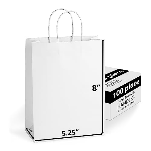 Geschenktüten aus Kraftpapier, 13 x 8 x 20 cm, Braun Ideal für Shopping, Verpackung, Einzelhandel, Party, Handwerk, Geschenke, Hochzeit, Recycling, Business, Goody und Merchandise Bag (Weiß)