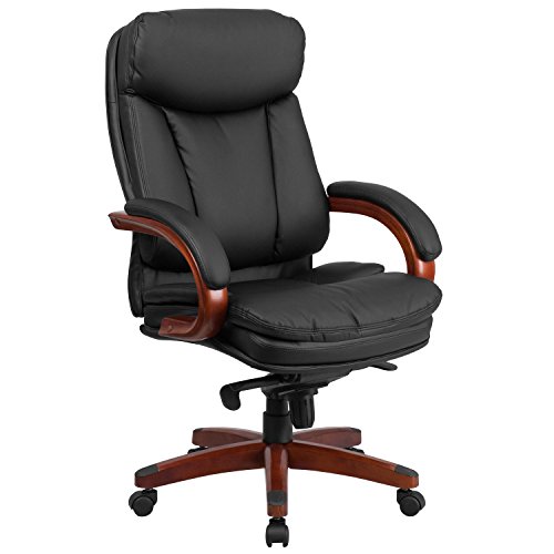 Flash Möbel Hohe Rückseite Leder Executive Drehstuhl mit Synchro-tilt Mechanismus, Mahagoni Holz Boden und Arme, Metall, schwarz, 85.09 X 67.31 X 41.27 cm