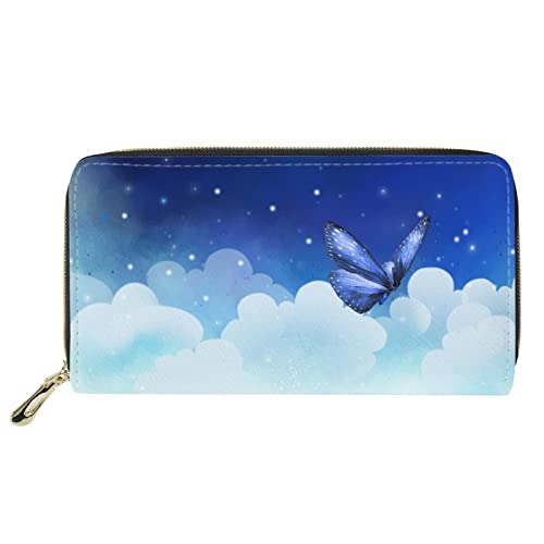 Lsjuee Frauen-Blau-Schmetterlings-Druck-Leder-Geldbörse Durable Zipper Phone Purse Handtasche Large Coin Pouch Card Holder Organizers