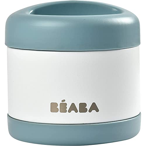 BÉABA - Isolierender Thermobehälter für Mahlzeiten - Für Babys und Kinder - 100 % luftdicht - Edelstahl - Hält mehr als 5 Stunden lang kalt/warm - Doppelwandig - 500 ml - Blau/Weiß
