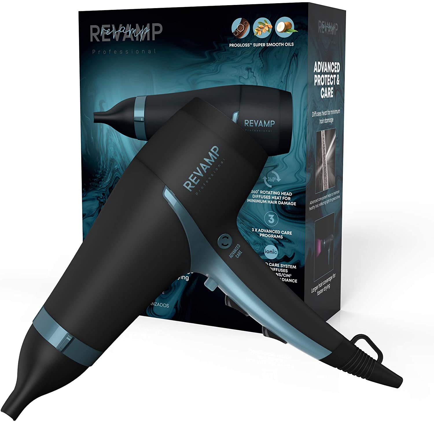 REVAMP Progloss 4000 Advanced Protect & Care Haartrockner - leichter, tragbarer Profi-Föhn mit Glättungsdüse und fortschrittlichen Pflegeprogrammen, Ionen-Technologie für glattes & frizz-freies Haar